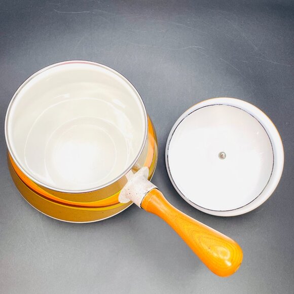 70s Kaki Green Orange Waves Enamel Fondue Pot with Lid Vintage Saucepan - Picture 4 of 10